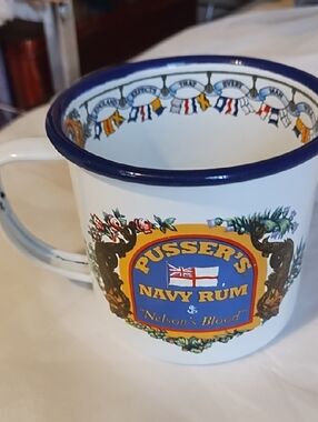Navy Rum White Enamel Mug with Blue Rim